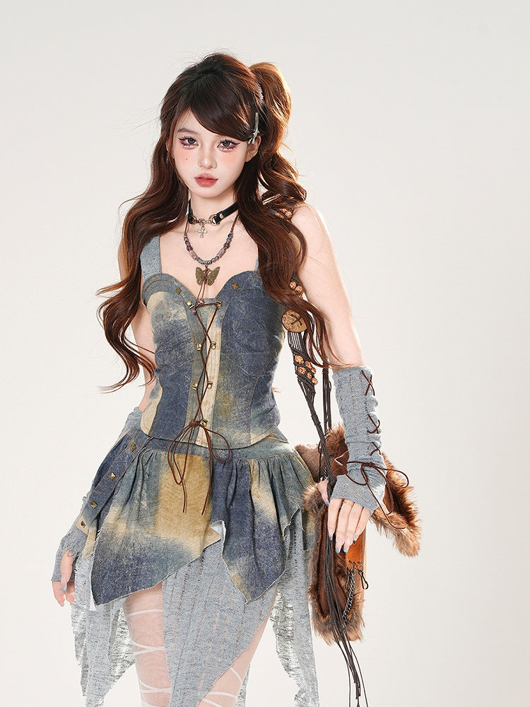 Three - Set Blue Oil Painting Pieces Lace-up Front Hooded Top +