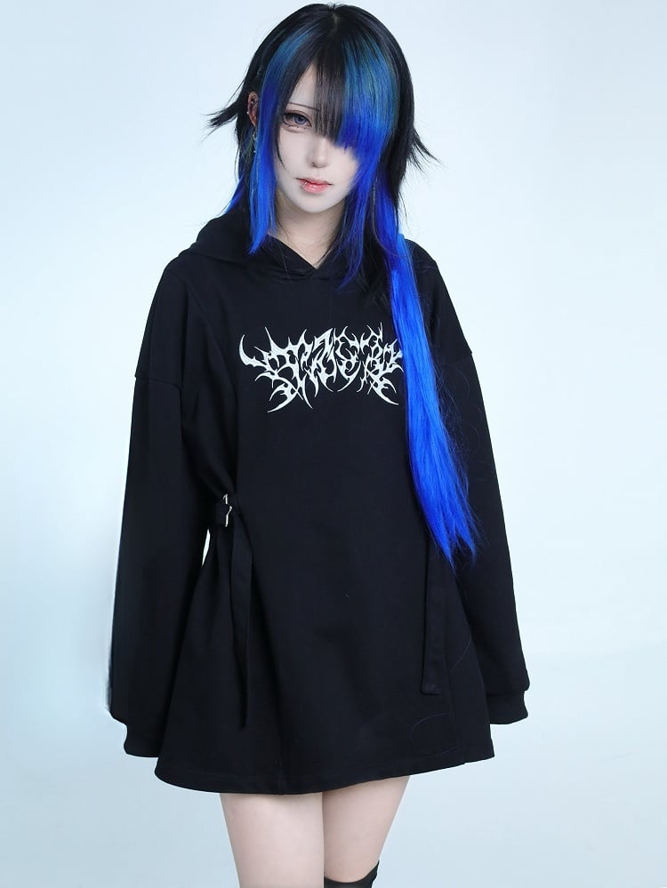 Buckle Jirai Decorated Black Hoodie Embroidery Details Kei