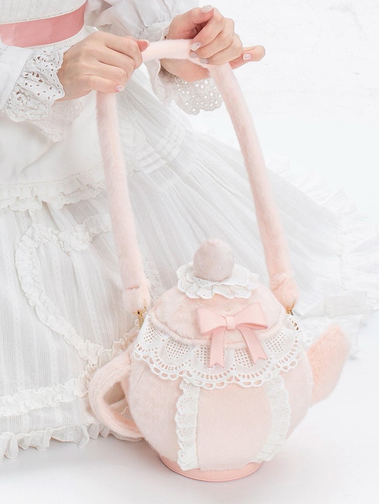 Trim Sweet Lace Plush Decorated Lolita Bowknot Strawberry Hand/Crossbody Bag And Pink Teapot