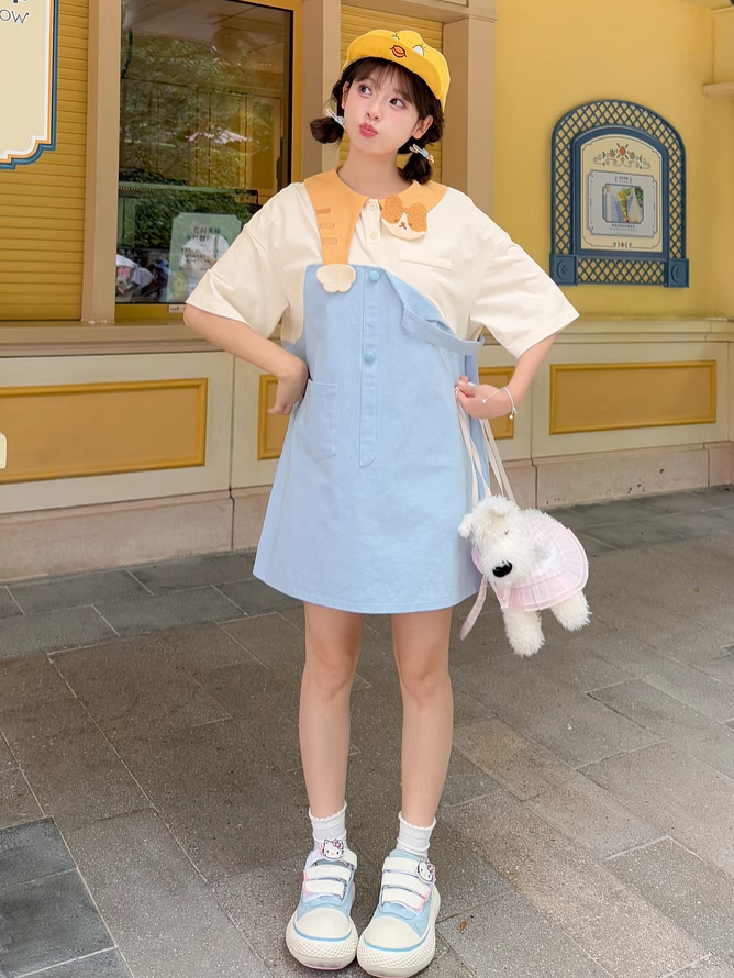 Faux Adorable Kitty Collar Blue and White Colorblock Design Dress Two-pieces