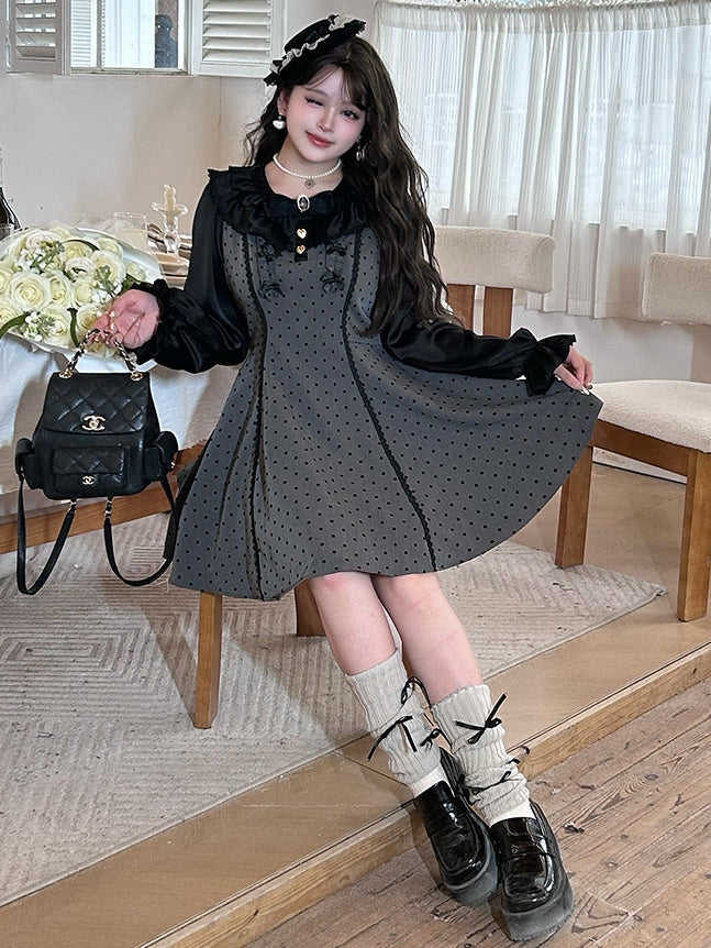 Robe grise grande taille à pois et taille haute avec nœuds
