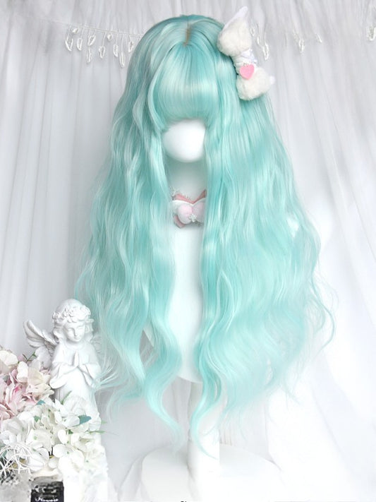 Gewellte 65CM Perücke Grün mit Pony in voller Länge