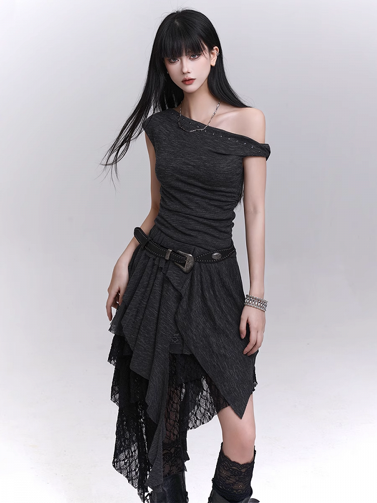Buckle Studded Asymmetrical Neckline Cascading Ruffles Belt with Dress
