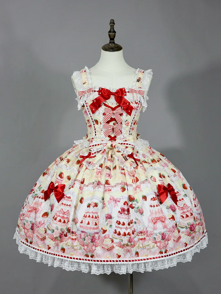 Bow Yellow and Desserts Accents Set Print Strawberry / Full Lolita Sweet JSK