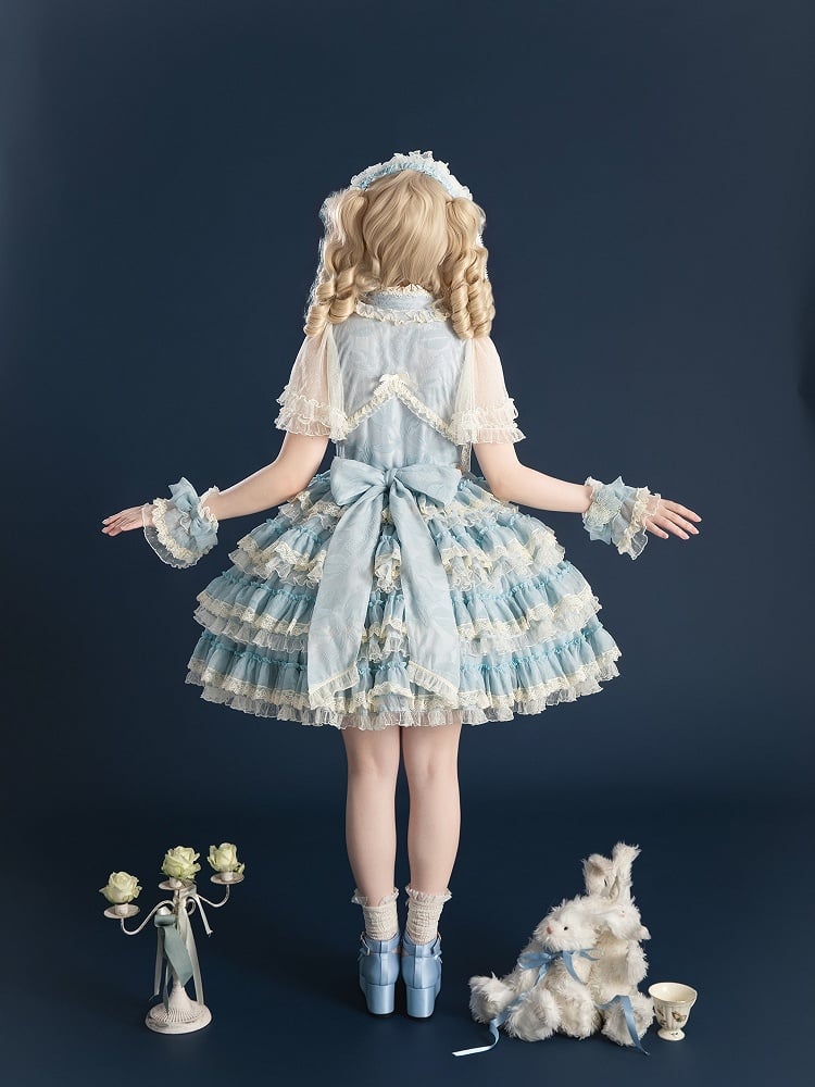 Lace with Lolita Details Embroidery and Tiered Goldfish Dress Sweet Ruffles Blue