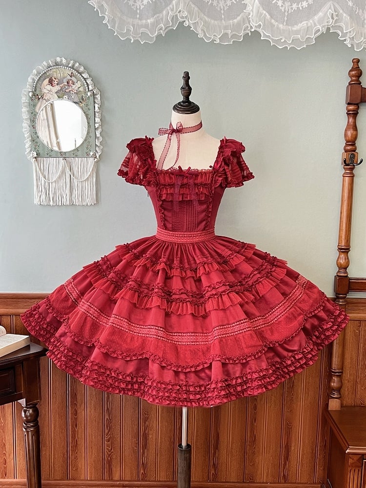 Elegant Lolita Trims Pleating Ruffle Details and Red Dress Classic