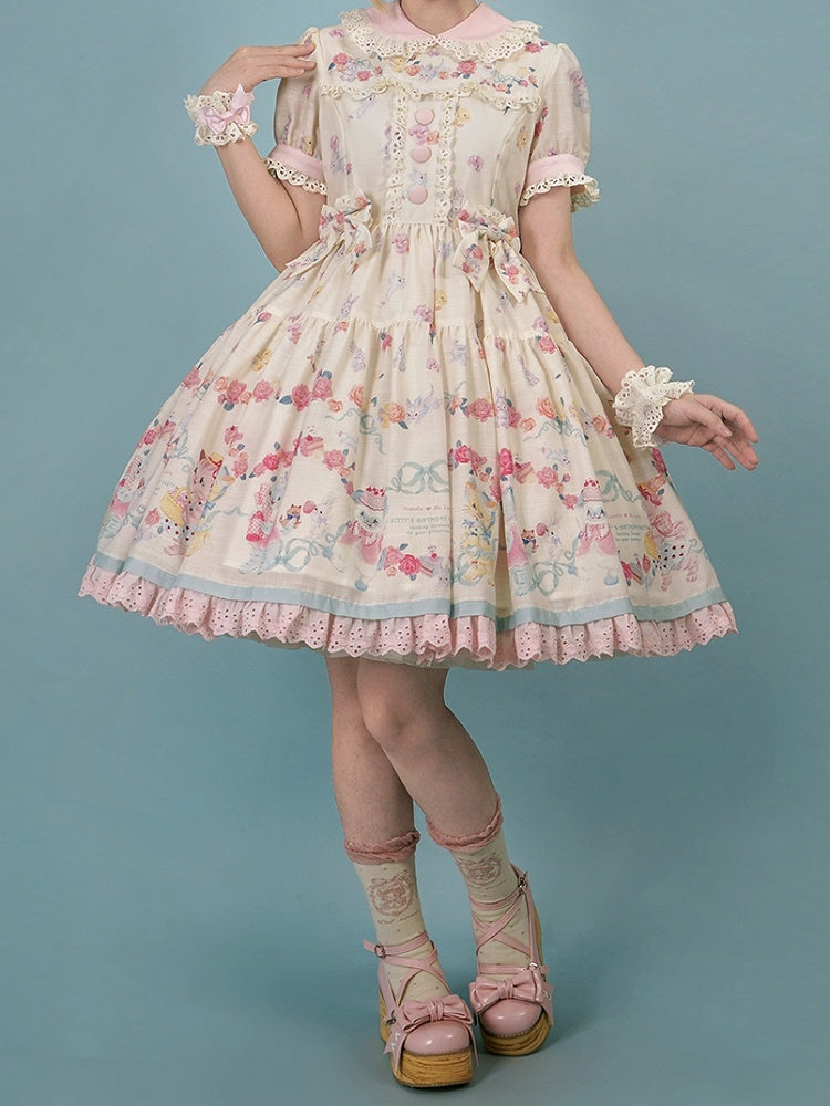 Lolita Scalloped Eyelet Kitty Short Dress with Sleeves Print Creamy Sweet Trims