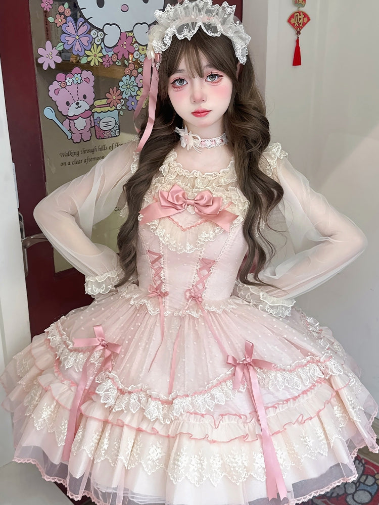 Bow Sweet Lolita Dress Flutter Pink Lace-up Bodice High Waist Sleeves with Big Jumper Skirt Detachable