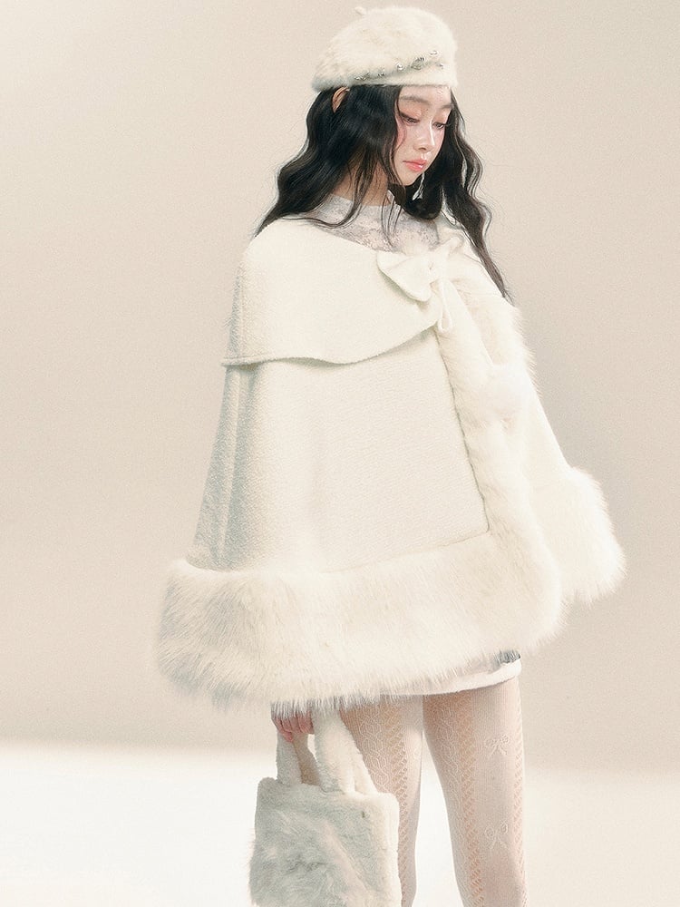 アプリコットの蝶結びディテールのプラッシュトリムケープ