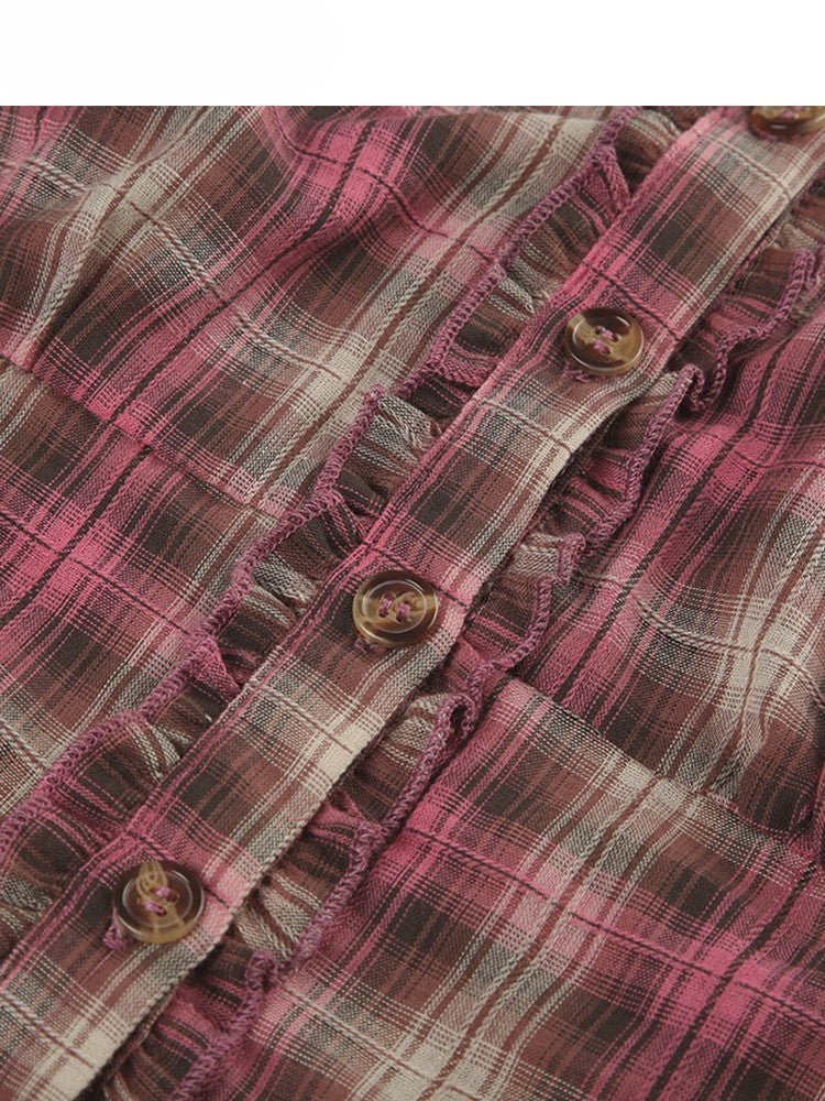 Plaid Sleeves Ruffles Trim Pattern Shirt V-neck Y2K Short RedBrown