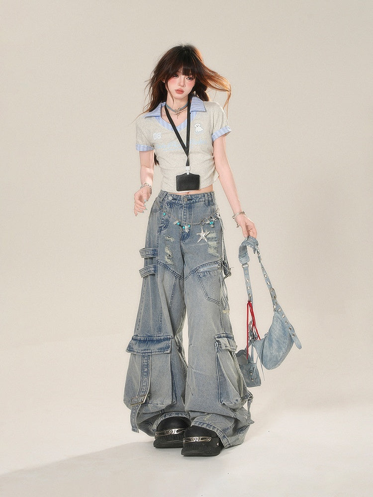 Wide-Leg Jeans Cargo Pockets Blue Distressed Holes Buckle Straps
