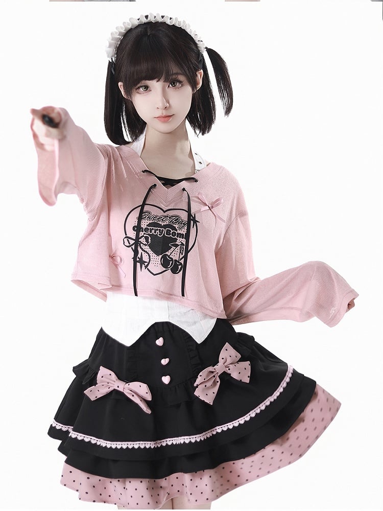 Tiered Skirt with Detachable Bows Black and Pink Polka-dot Pattern