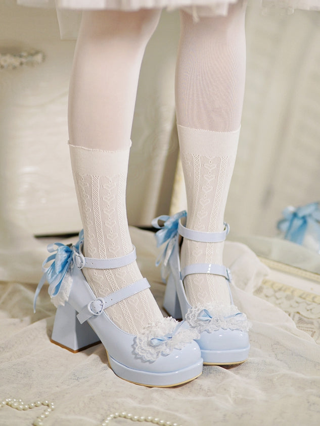 Blue Heels Top Knotted Buckles at Bow High Trim Lace Block Heart
