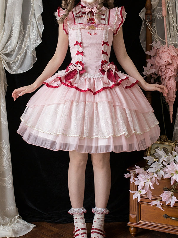 Qi Lolita Frog Button Cheongsam Collar Dress Details Style Tassel Pink