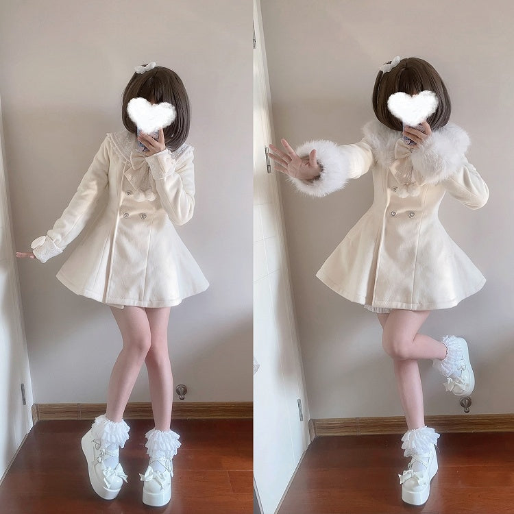 Jirai Kei Beige Abnehmbarer Plüschkragen und Manschetten Wollmantel im Landmine-Stil mit Schleife