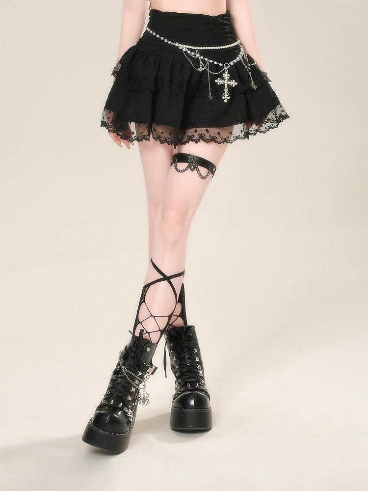 Lace Trim High Skirt Glamorous Tiered Mini Mesh Black Waist