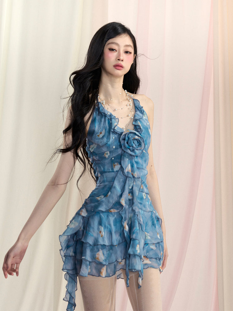 Mini Dress Blue Halter Neck Oil Painting Floral Cascading Ruffle Accents