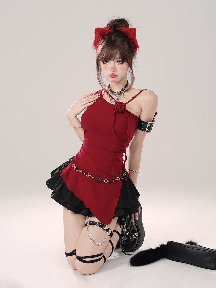 Asymmetrical Shoulder Sleeveless Top with Rose Accent Red