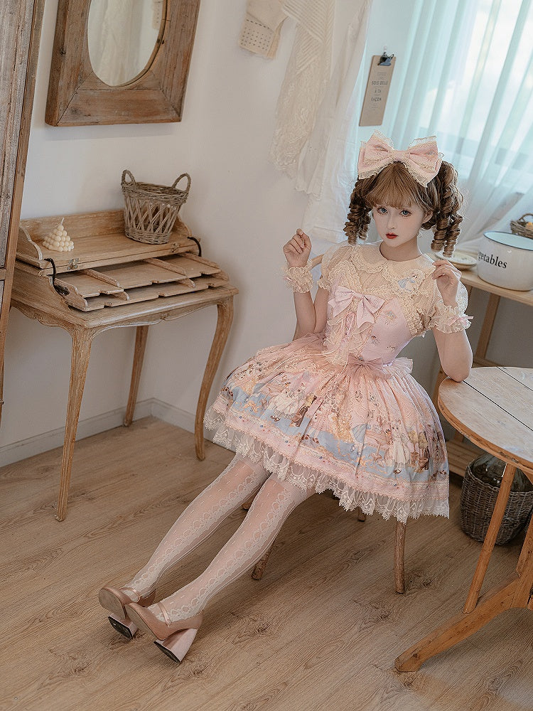 Party Tee Lolita Kitty Mieder Druck Jumper Korsett Kleid Rosa Rock Süße