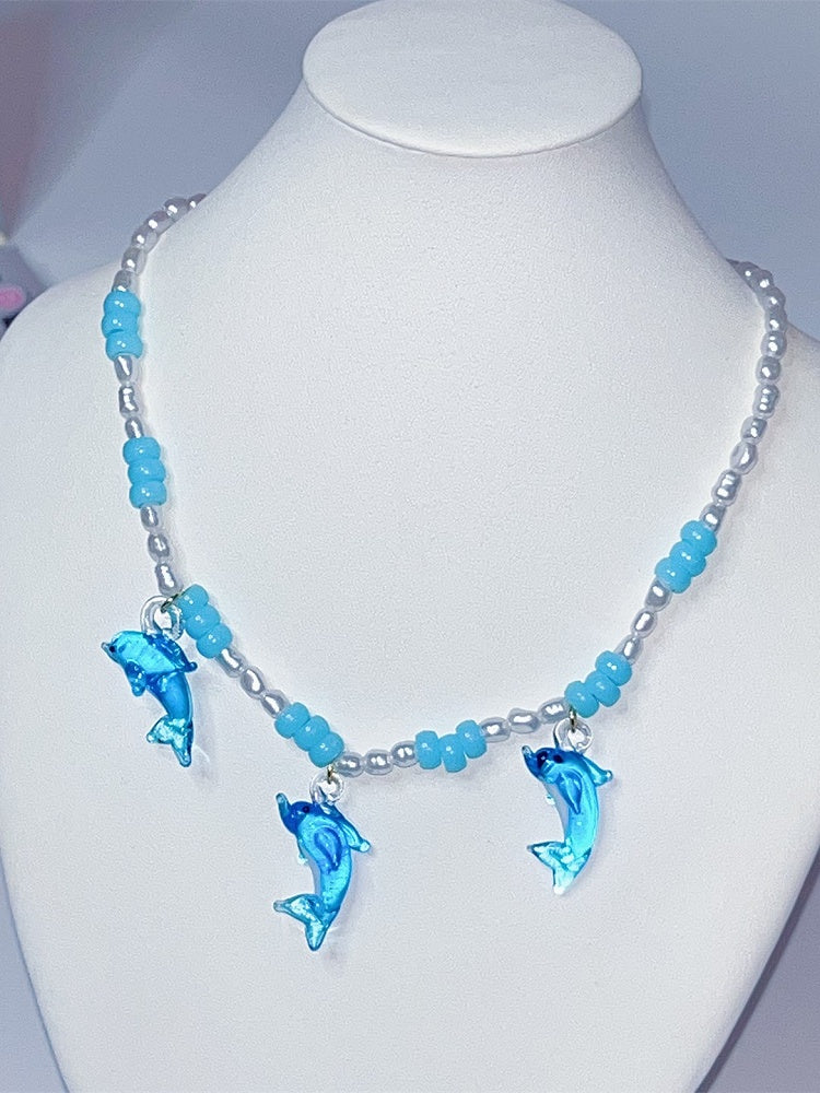 Necklace Blue Pendant Beaded Y2K Dolphin