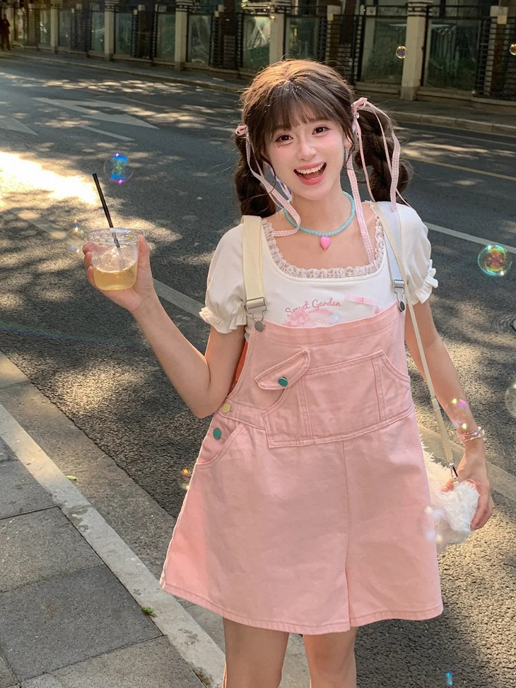 Denim Overall Shorts Green Candy Color Pink/Mint