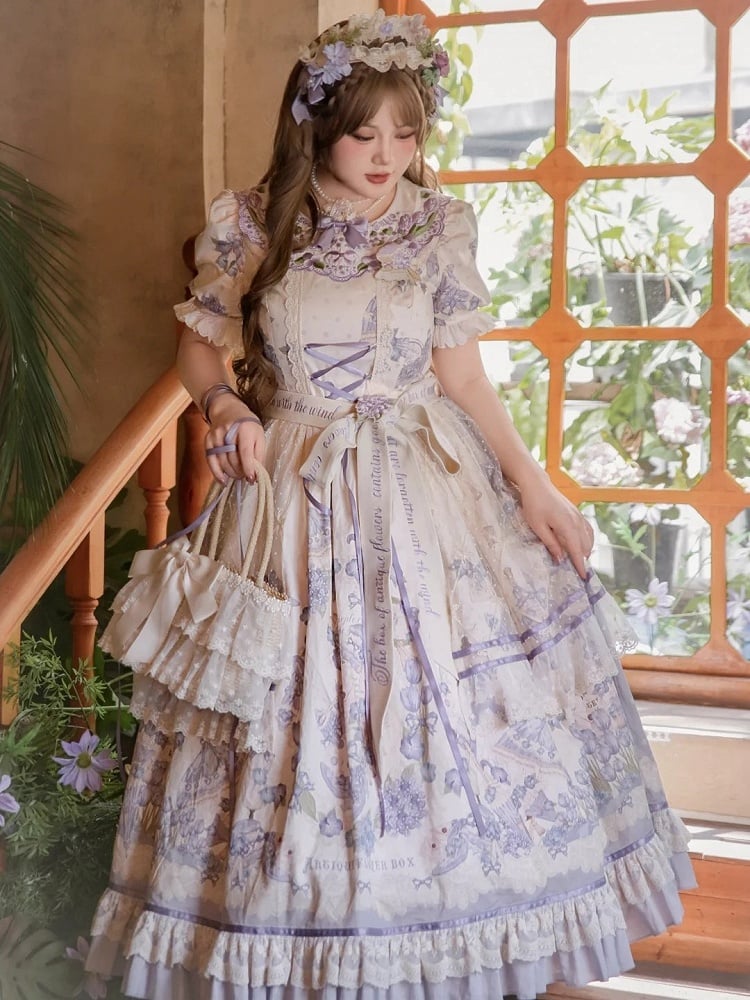Available Dress Plus Sizes Print Short Lolita Sleeves and Floral Classic Purple Embroidery