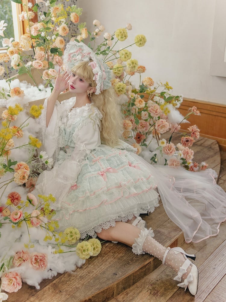 Mintgrüner Hanayome-Lolita-Pulloverrock mit Schleifenverzierung, süßes Hime-Lolita-Pulloverrock-Set