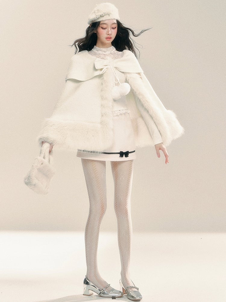 アプリコットの蝶結びディテールのプラッシュトリムケープ
