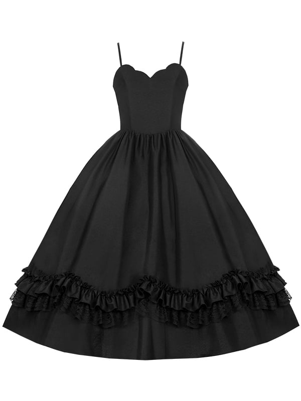 Schwarzes klassisches Lolita-Kleid mit dünnen Schulterträgern und gewelltem Ausschnitt