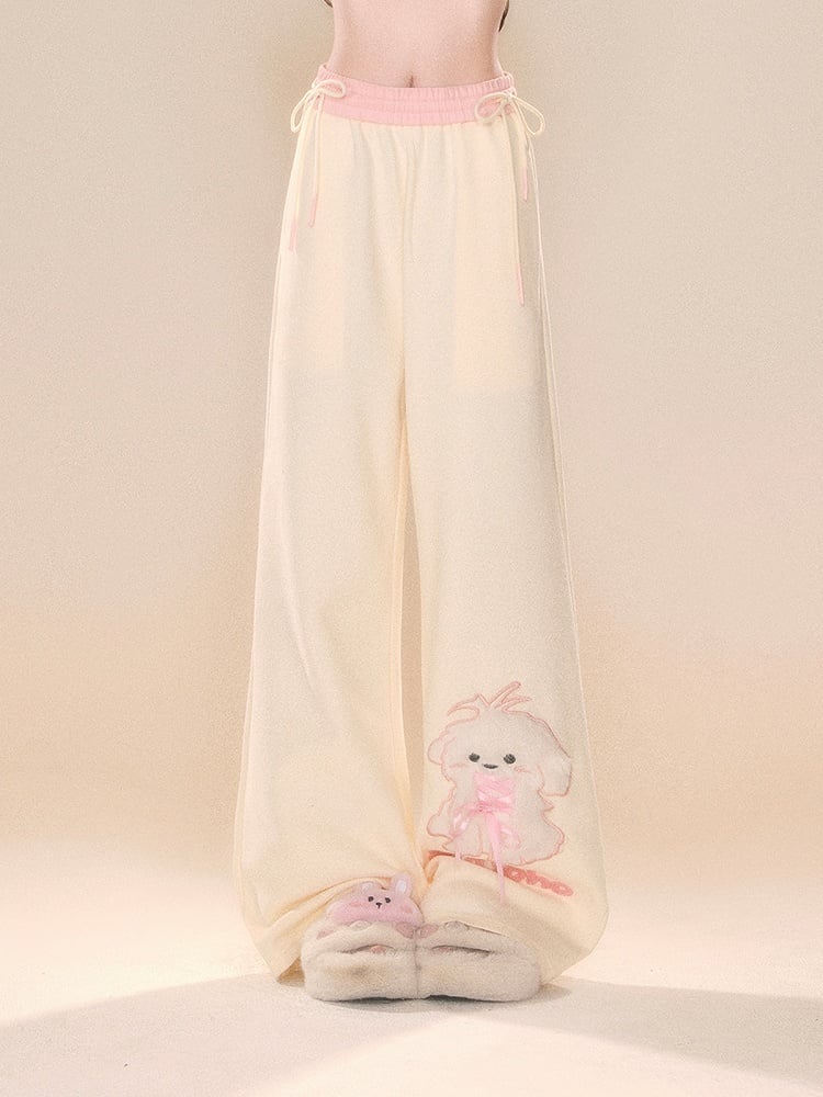 Beige Wide-Leg Pants with Pink Waistband and Embroidered Puppy Design