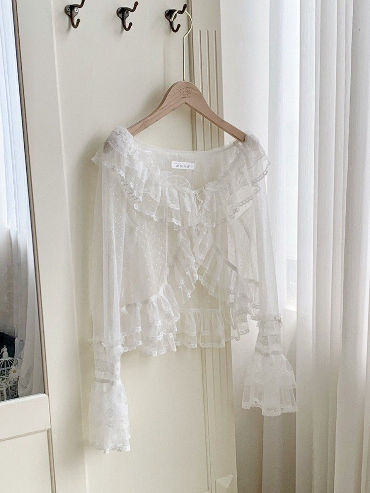 Sheer Flounce Dotted Sleeves Top Long White Trimming Tulle