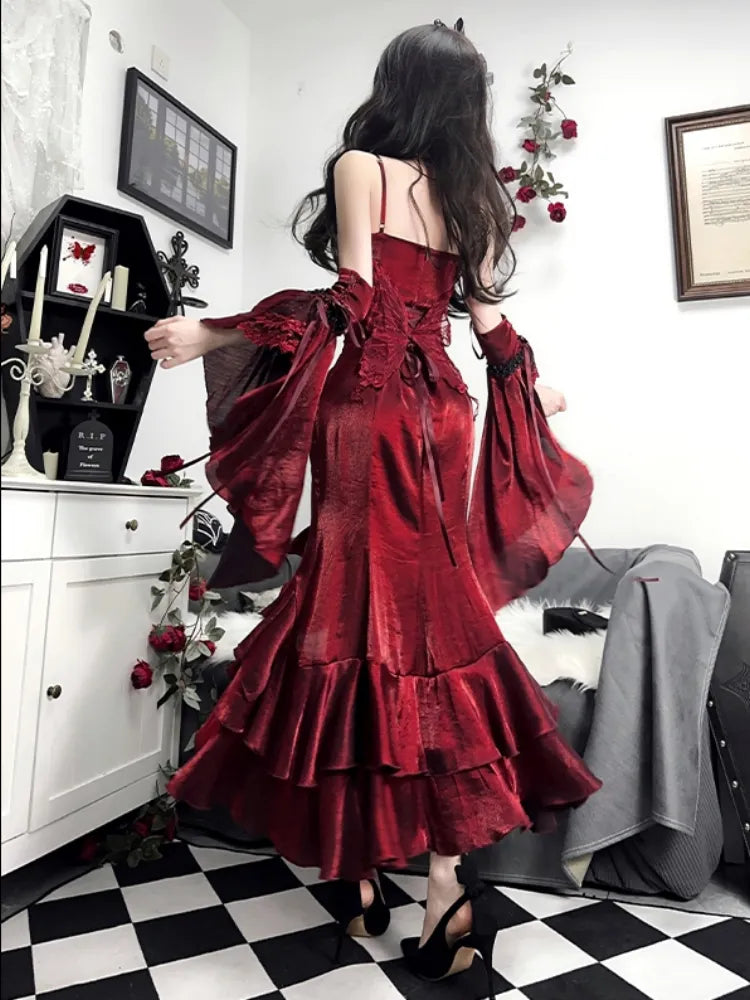 Flounce Sleeves Gown Mermaid Dress Rosette Evening Detachable with Red Burgundy
