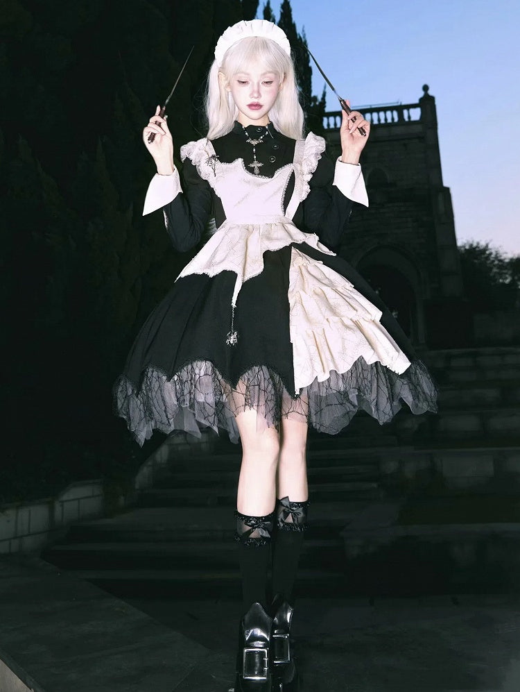 Schwarzes Lolita-Kleid mit geschwungenem Spinnennetz-Saum und beiger Schürze