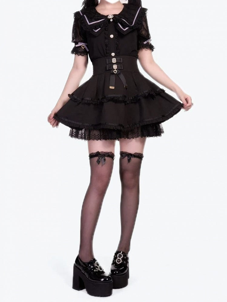 Schwarze Kei-Kragenbluse mit Schleife und Jirai