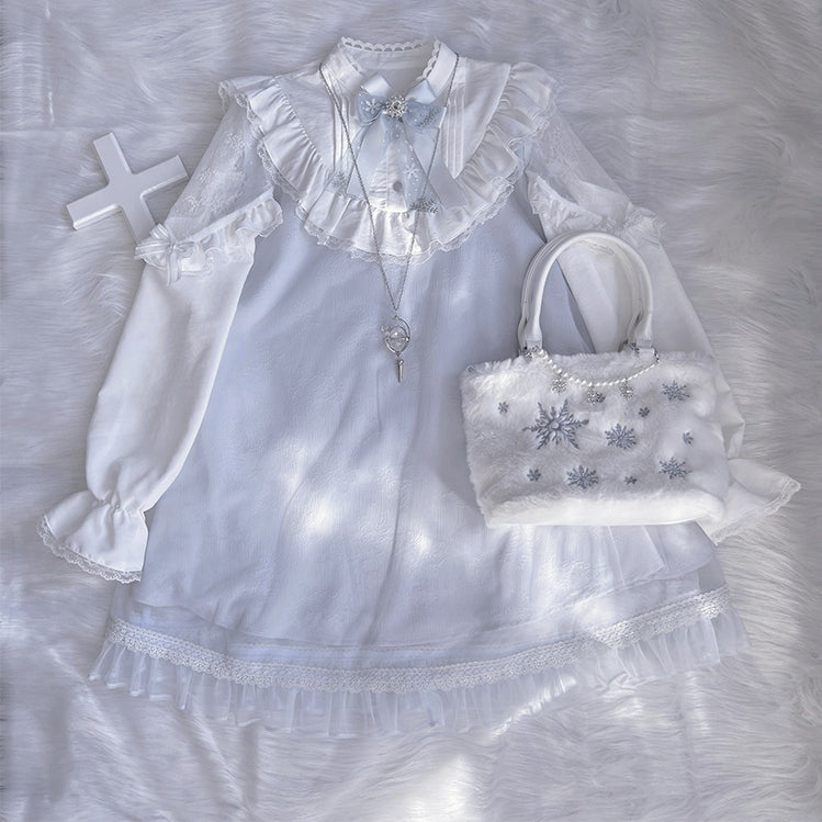 Robe Jirai Kei bleu clair à manches longues et bordures en dentelle style mines terrestres