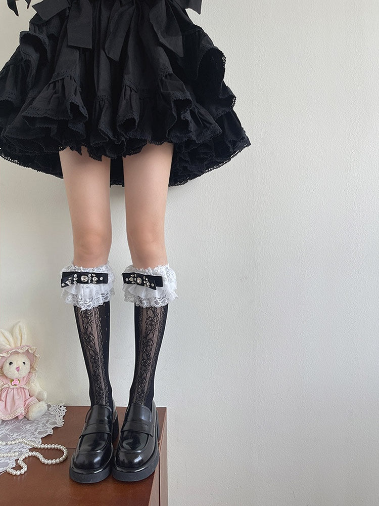 Underknee and Stockings with Edging Lace Hollow-out Decoration Rhinestone Black White