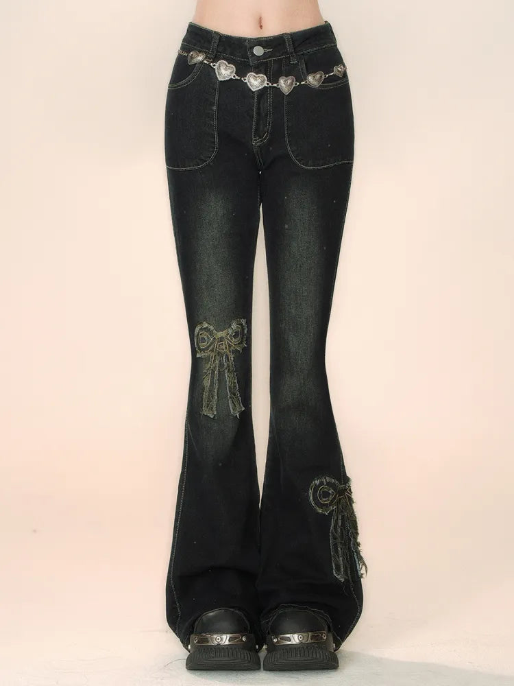 Lace-up Jeans at Bowknots Black Back Flared Details