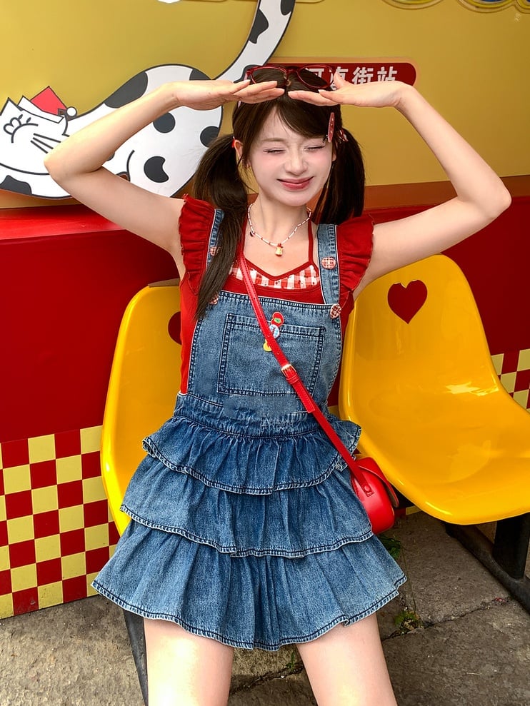 Overalls Lined Blue Tiered Ruffles Distressed Denim Design