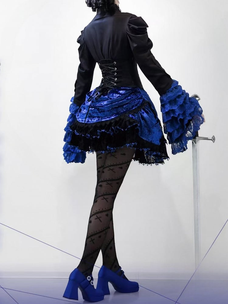Boned Lolita Waist Tie Shirt Skirt Set Hat Black Gothic Jabot Long Sleeves High + - and Mini Blue Bell Klein Full