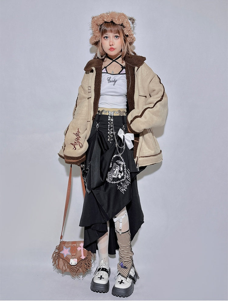Khaki Letter Contrast Trim Oversized Jacket