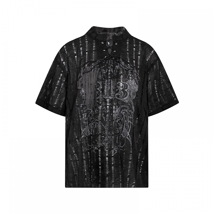 Y2K Holes Black/White Lace-up Mock Neck Distressed