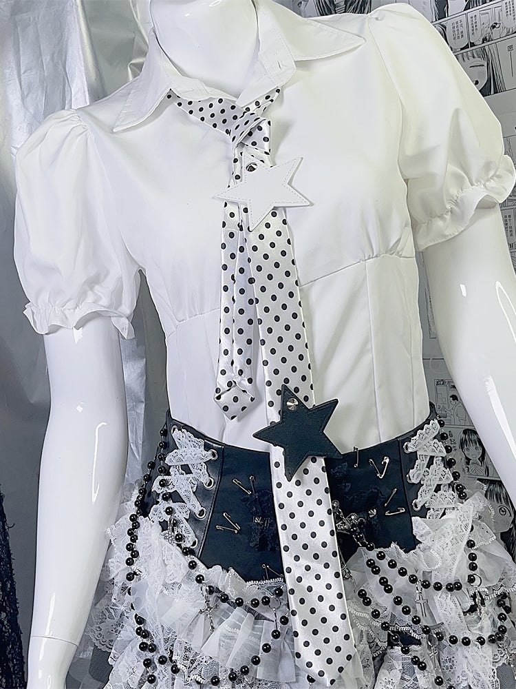 Applique Star Tie Pattern White/Black Polka-dot Y2K Neck