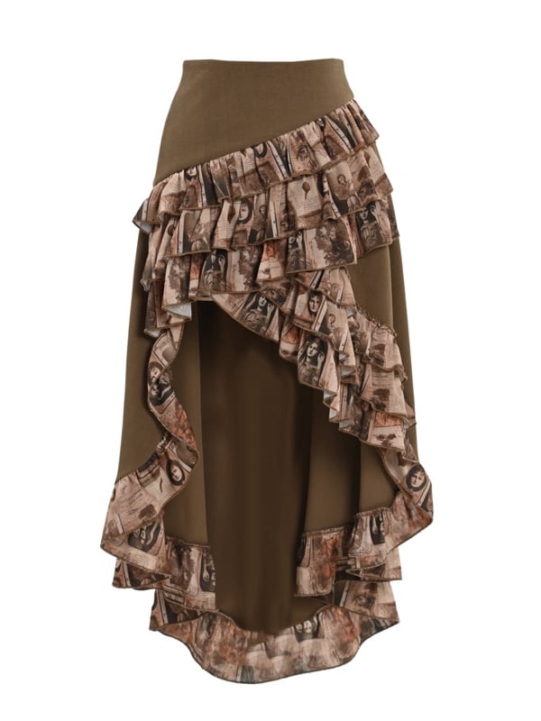 Brauner Steampunk Retro Öl Rüschenbesatz High-Low Rock