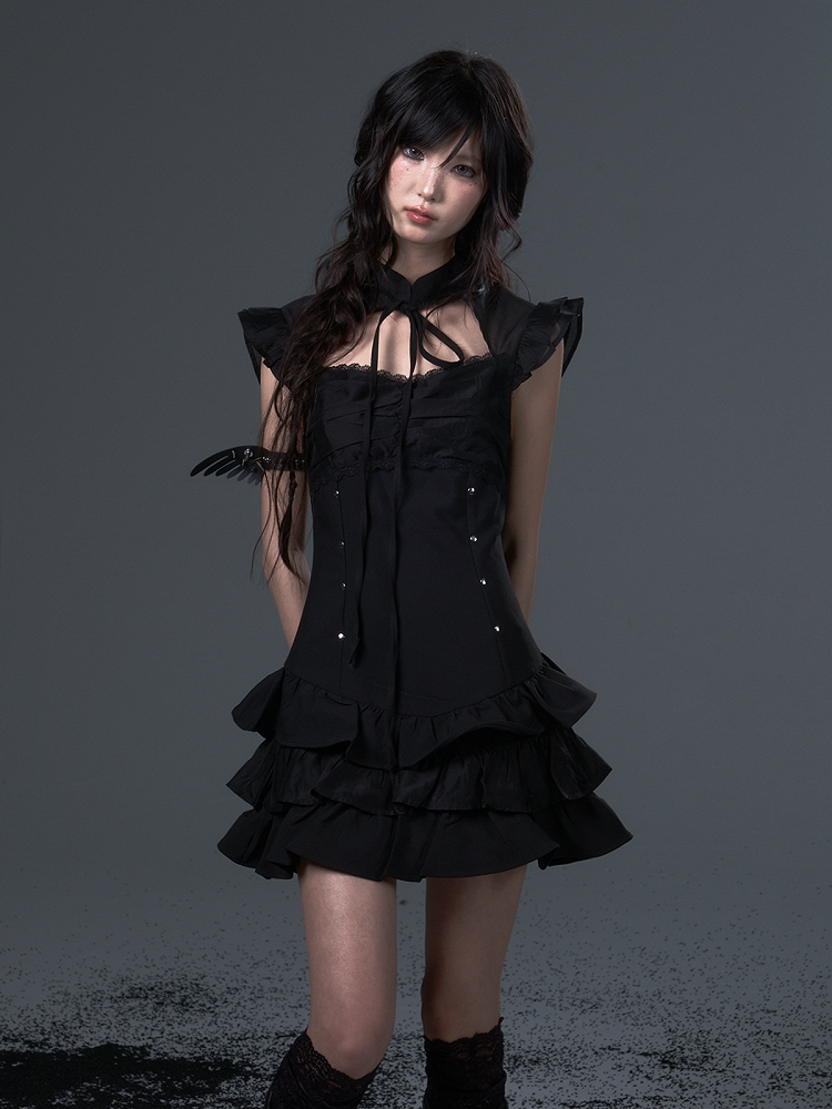 Black Gothic Punk A-Line Puff Dress with Lace Metal Studs