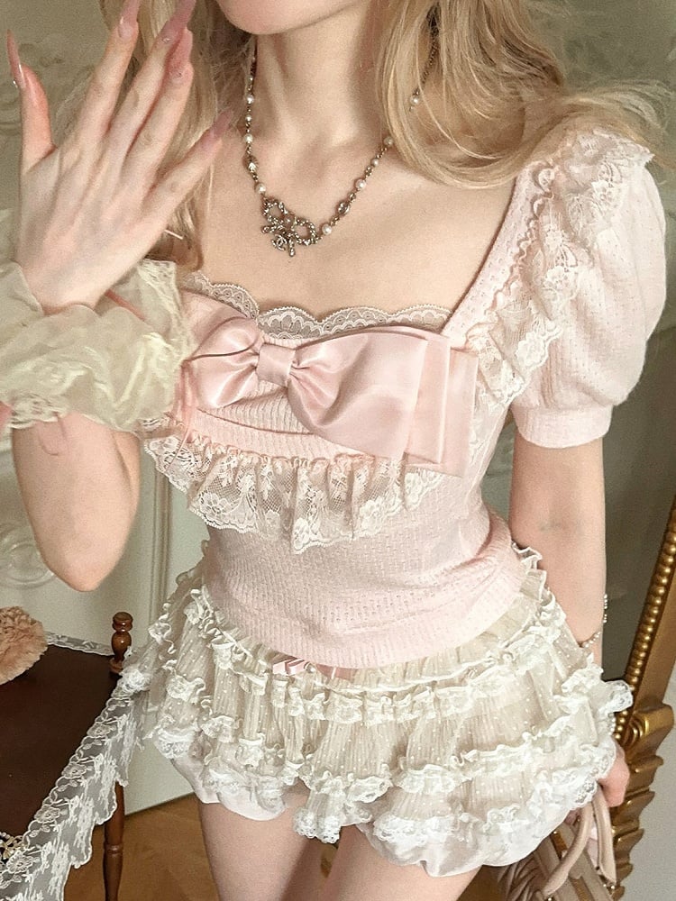 Pink With Sleeve Top Bow Lace Puff Trim Playful Slim-Fit