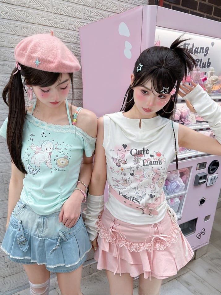 Tiered Skirt with Lace-up Details Pink Y2K Asymmetrical Kawaii Yume