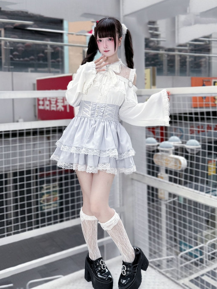 Bell Sleeves Open Shoulder with Blouse White Jirai Kei Three-Piece Set: