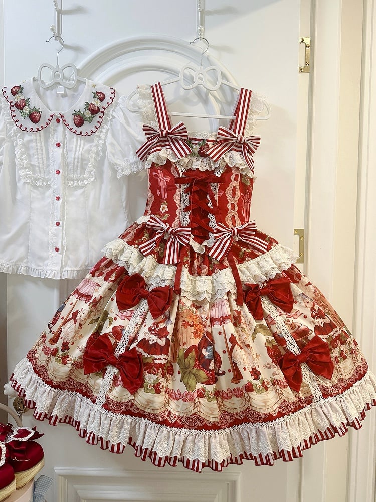 Red and Strawberry Print Dress Skirt Sweet Lolita Jumper Bunny