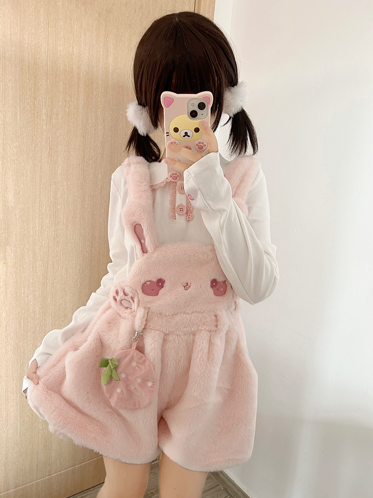 Rosa süße Bunny Plüsch Overalls Bubble Shorts