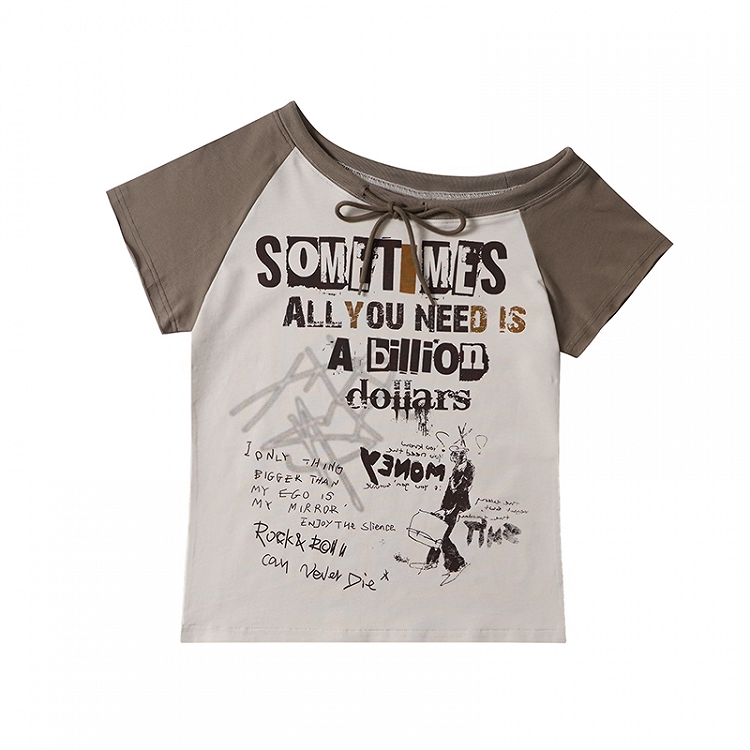 Ausschnitt Grau/Apricot Design Grafik Colorblock Asymmetrisches T-Shirt Selbstbinden